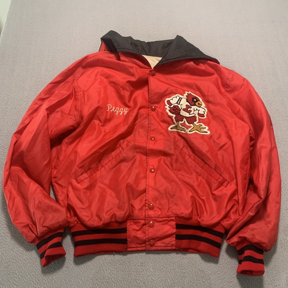 Vtg 80s DeLONG Louisville Cardinals Nylon Varsity Bomber Jacket Hooded Adult L